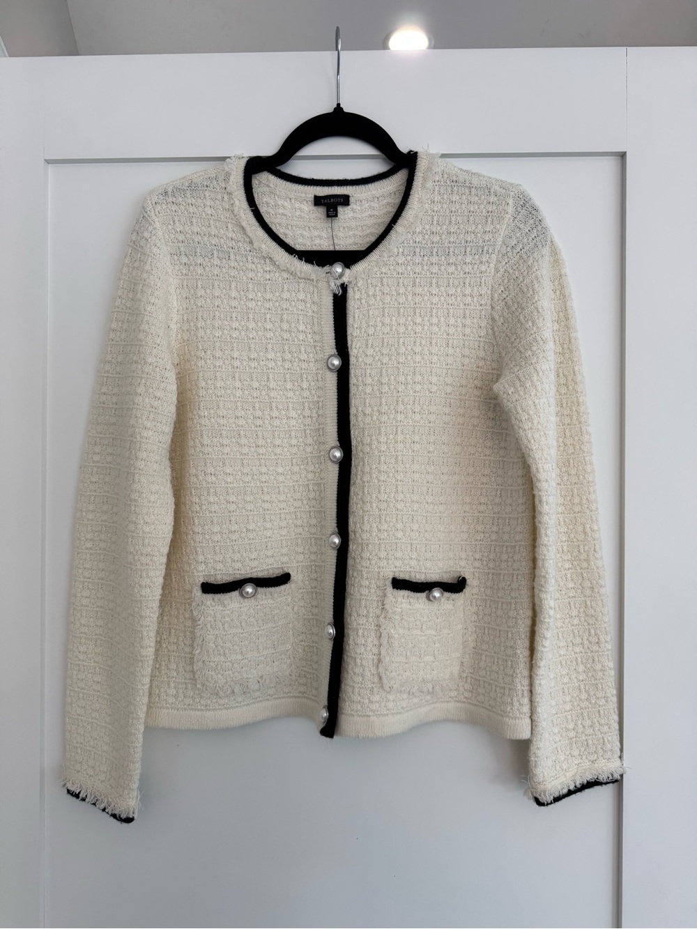 NWT Talbots Fringe Tweed Cardigan Jacket Cream Black Trim Pearl Buttons Medium - Picture 4 of 8